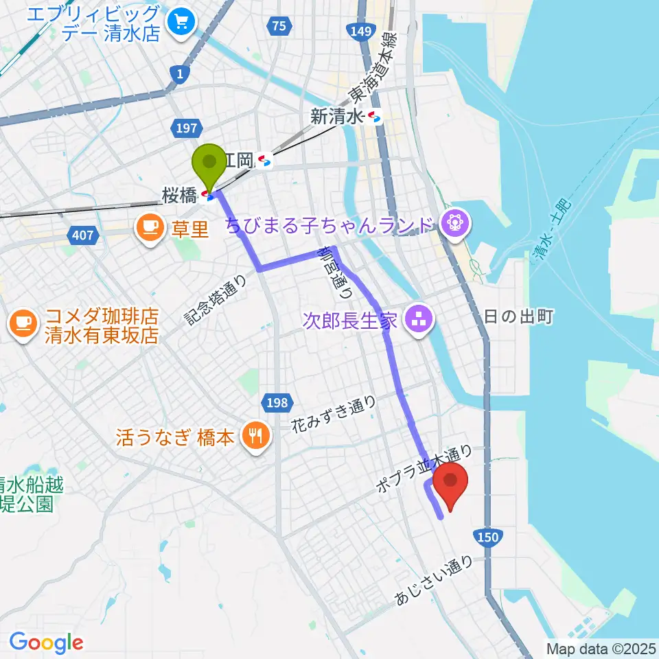 桜橋駅から清水総合運動場陸上競技場へのルートマップ地図