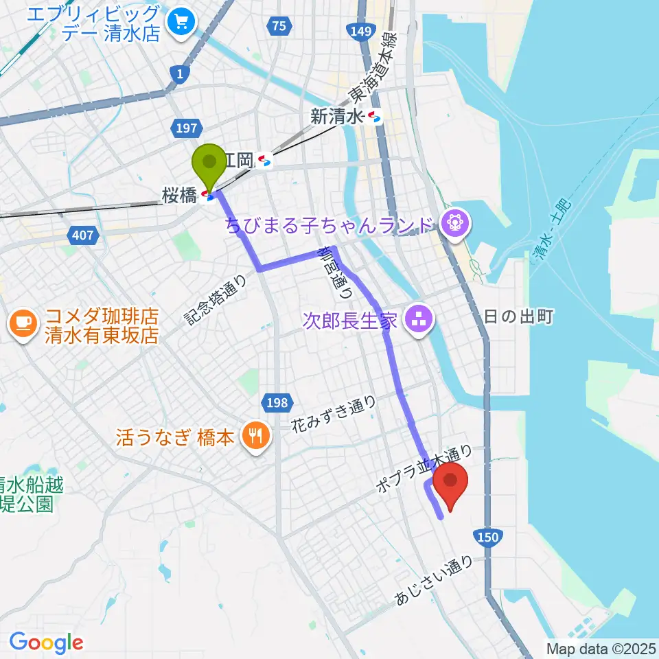 桜橋駅から清水総合運動場陸上競技場へのルートマップ地図