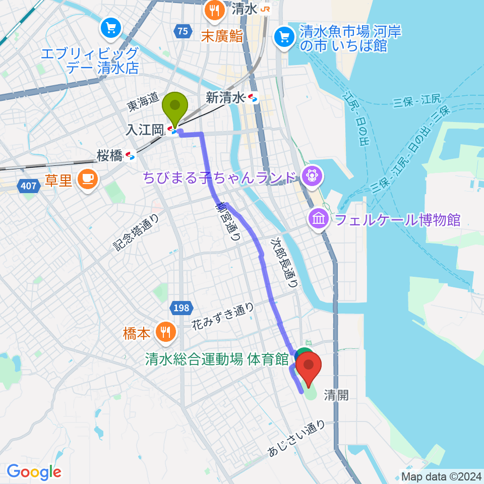 清水総合運動場陸上競技場の最寄駅入江岡駅からの徒歩ルート（約38分）地図