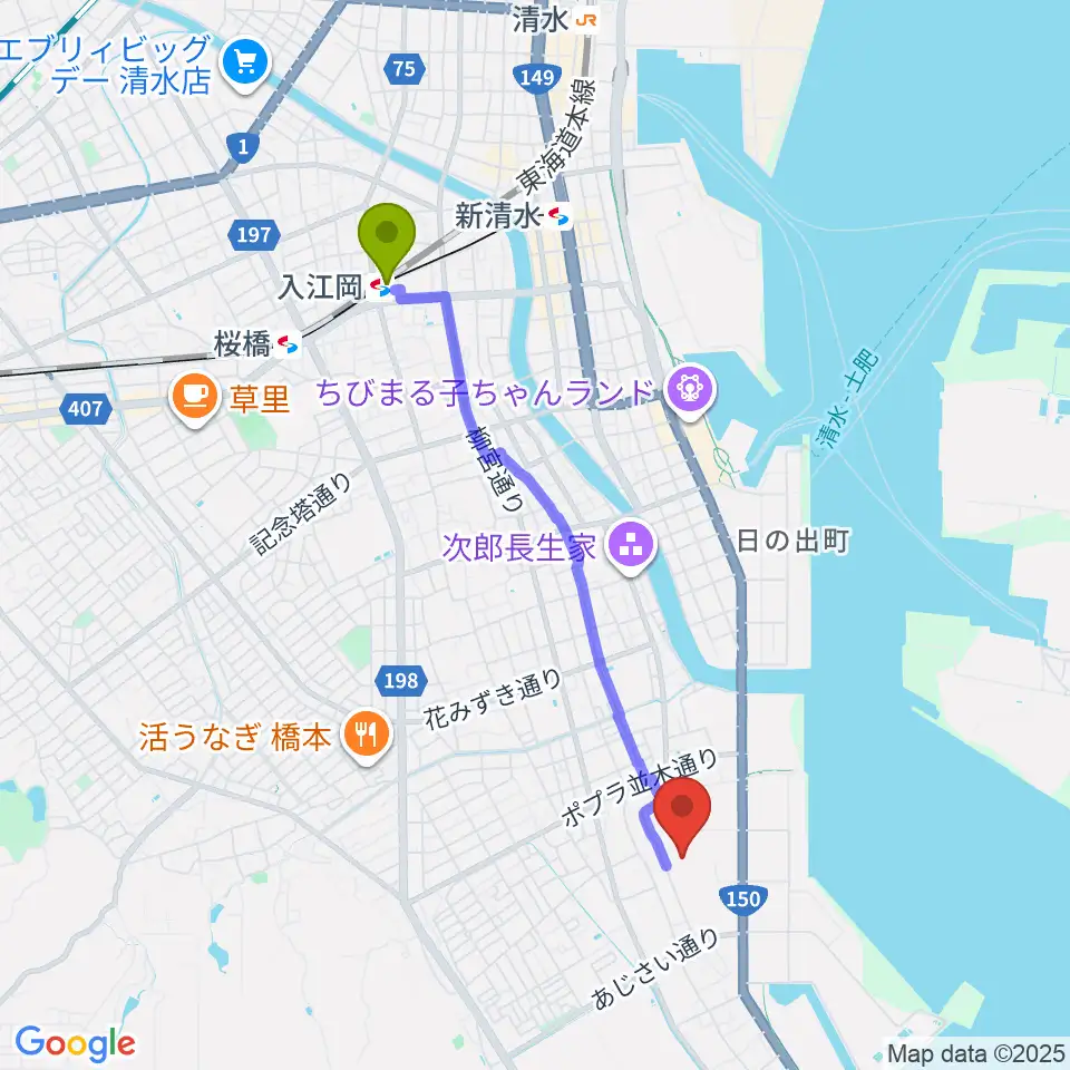清水総合運動場陸上競技場の最寄駅入江岡駅からの徒歩ルート（約38分）地図
