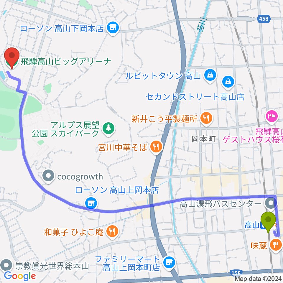 飛騨高山ビッグアリーナの最寄駅高山駅からの徒歩ルート（約33分）地図