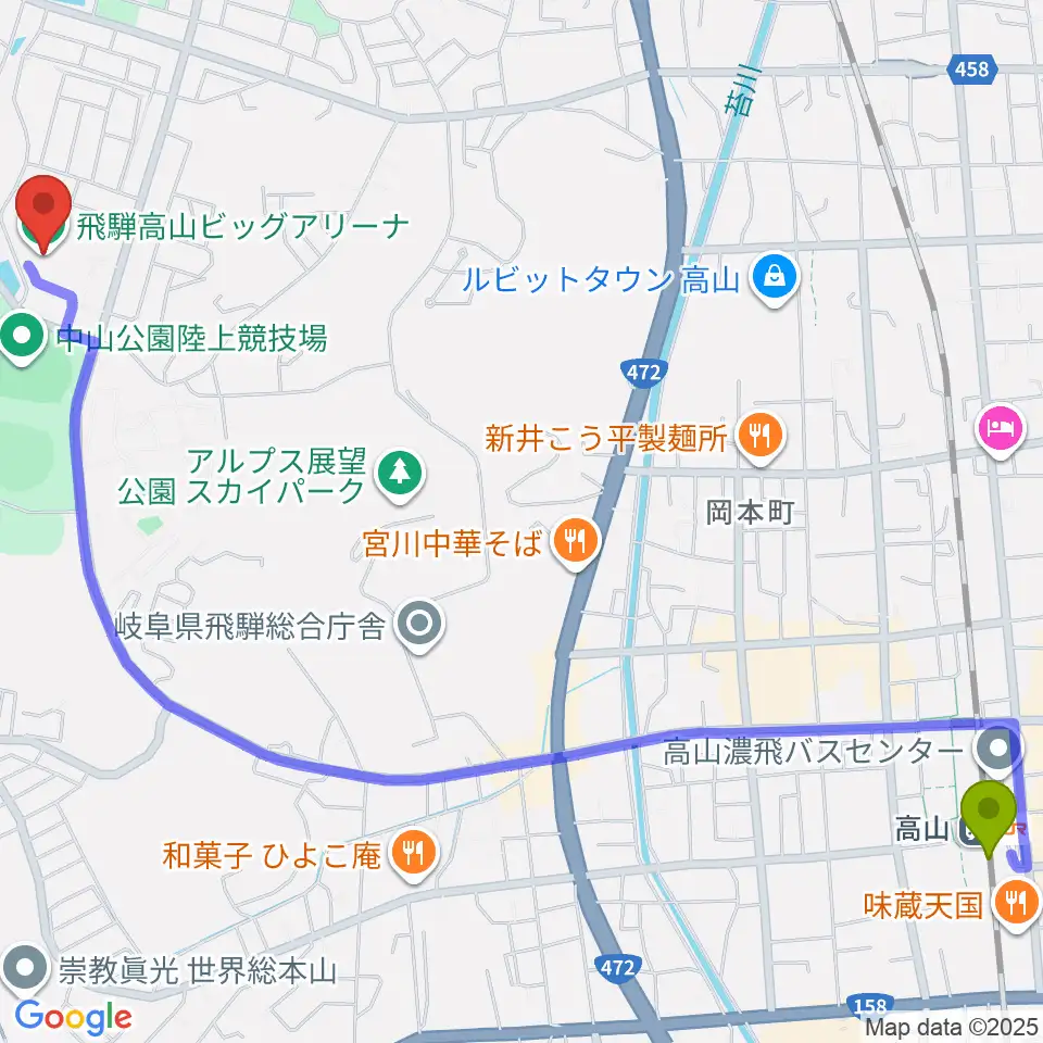飛騨高山ビッグアリーナの最寄駅高山駅からの徒歩ルート（約33分）地図