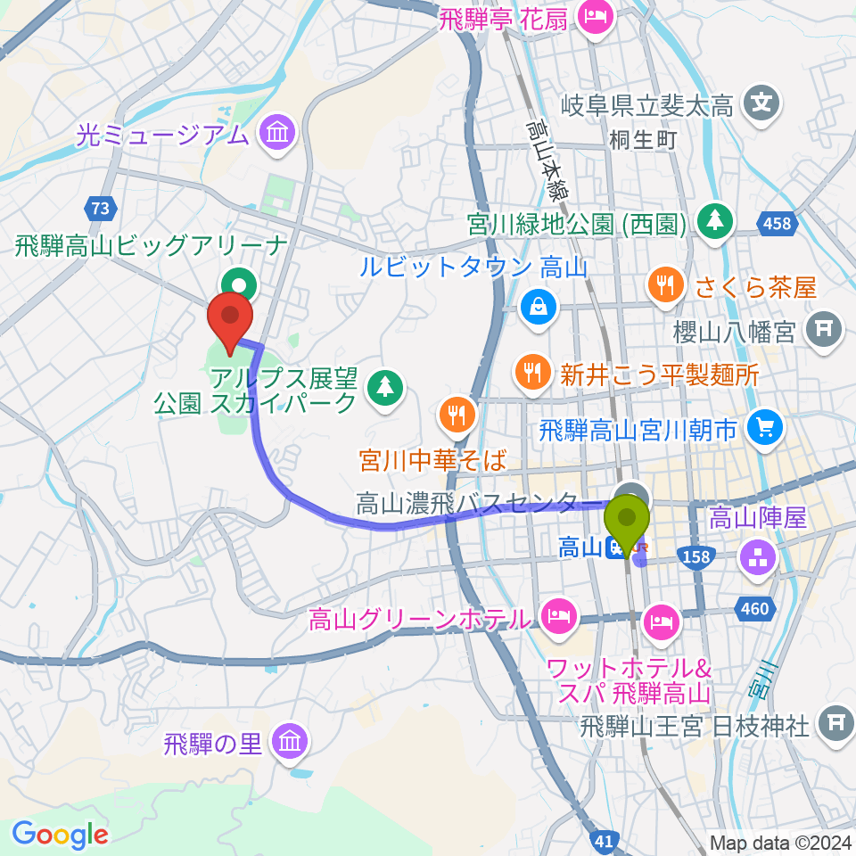 中山公園陸上競技場の最寄駅高山駅からの徒歩ルート（約32分）地図