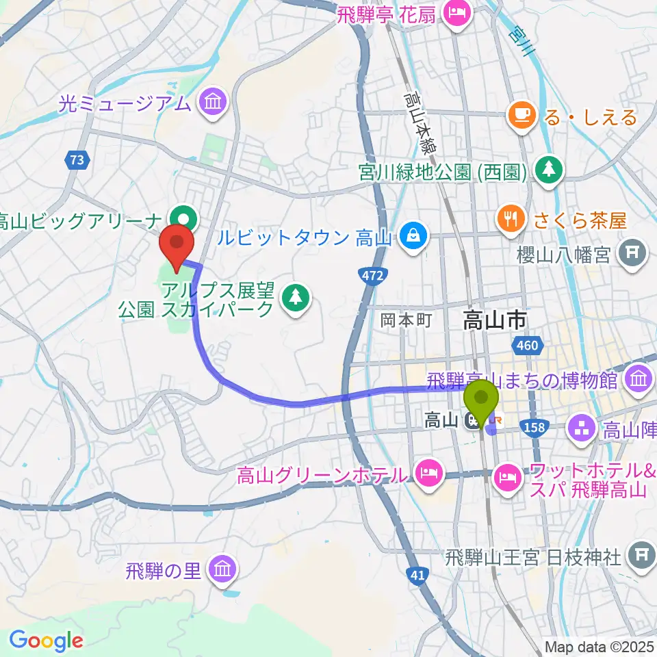 中山公園陸上競技場の最寄駅高山駅からの徒歩ルート（約32分）地図