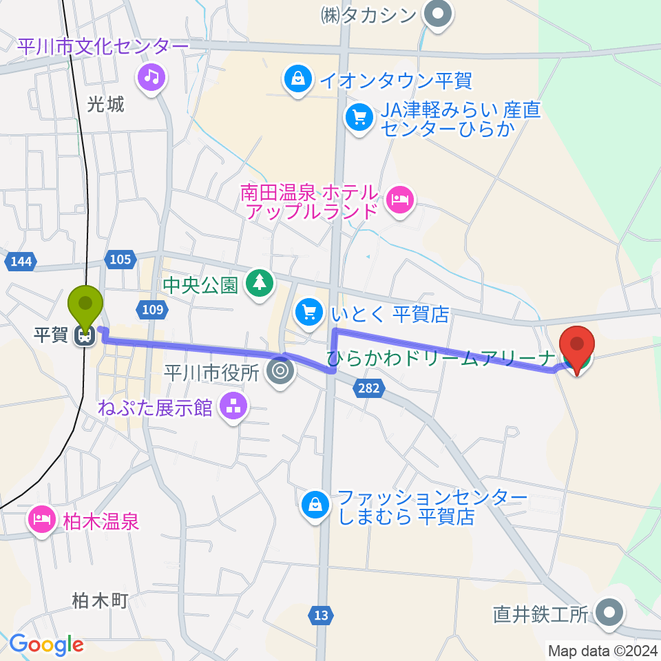 ひらかわドリームアリーナの最寄駅平賀駅からの徒歩ルート（約22分）地図