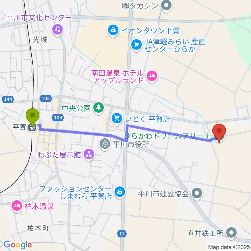 ひらかわドリームアリーナの最寄駅平賀駅からの徒歩ルート（約22分）地図