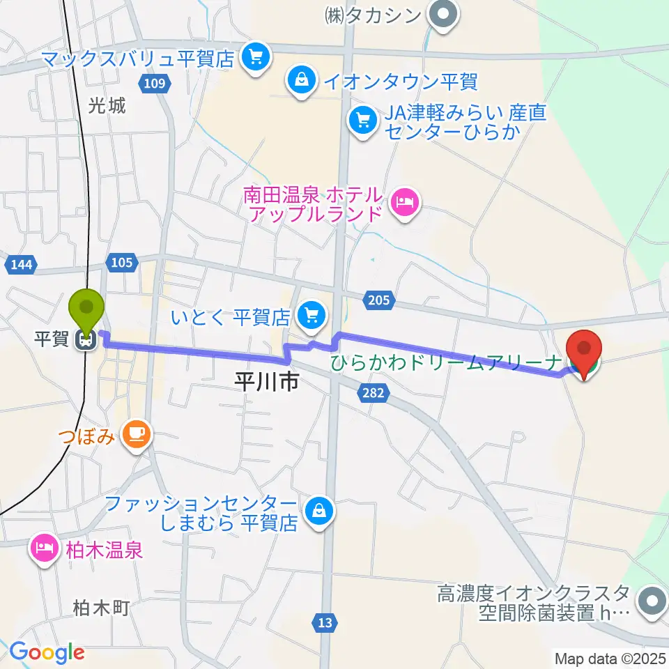 ひらかわドリームアリーナの最寄駅平賀駅からの徒歩ルート（約22分）地図