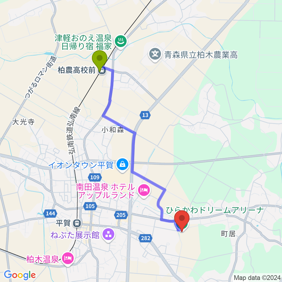 柏農高校前駅からひらかわドリームアリーナへのルートマップ地図