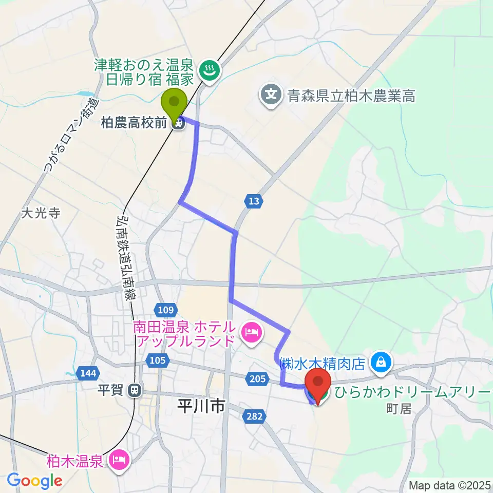 柏農高校前駅からひらかわドリームアリーナへのルートマップ地図