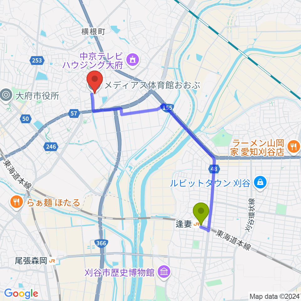 逢妻駅からメディアス体育館おおぶへのルートマップ地図