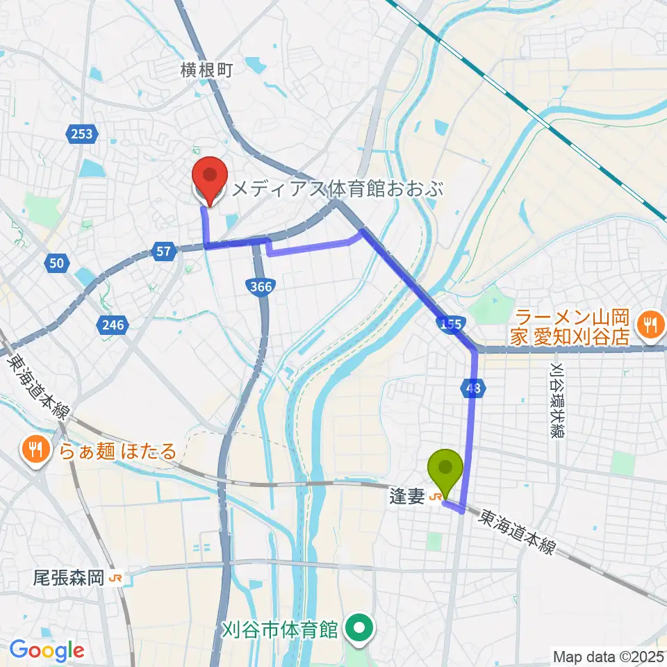 逢妻駅からメディアス体育館おおぶへのルートマップ地図