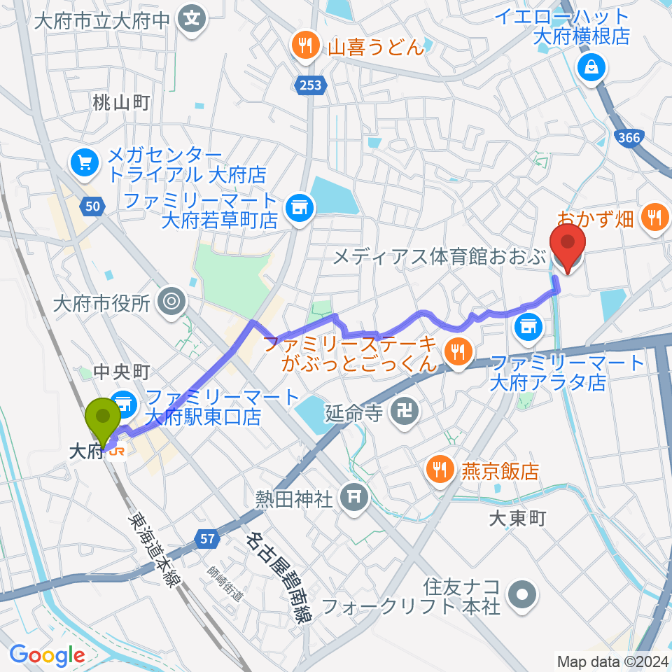 メディアス体育館おおぶの最寄駅大府駅からの徒歩ルート（約23分）地図