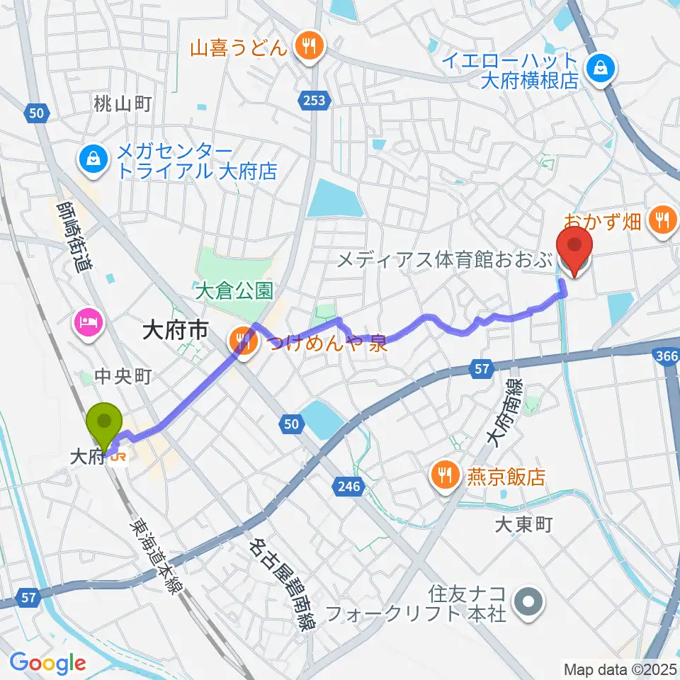 メディアス体育館おおぶの最寄駅大府駅からの徒歩ルート（約23分）地図