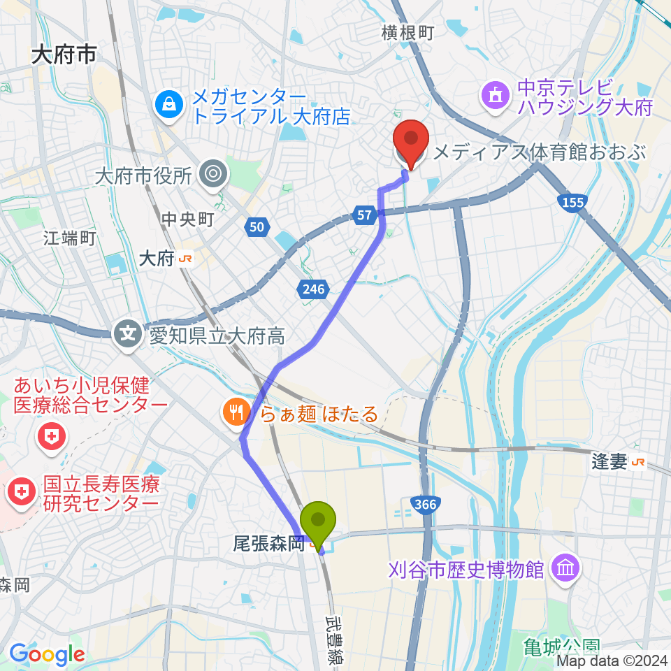 尾張森岡駅からメディアス体育館おおぶへのルートマップ地図