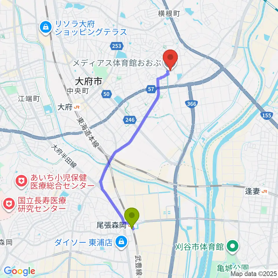 尾張森岡駅からメディアス体育館おおぶへのルートマップ地図