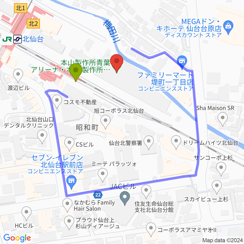 本山製作所青葉アリーナ・仙台市武道館の最寄駅北仙台駅からの徒歩ルート（約1分）地図