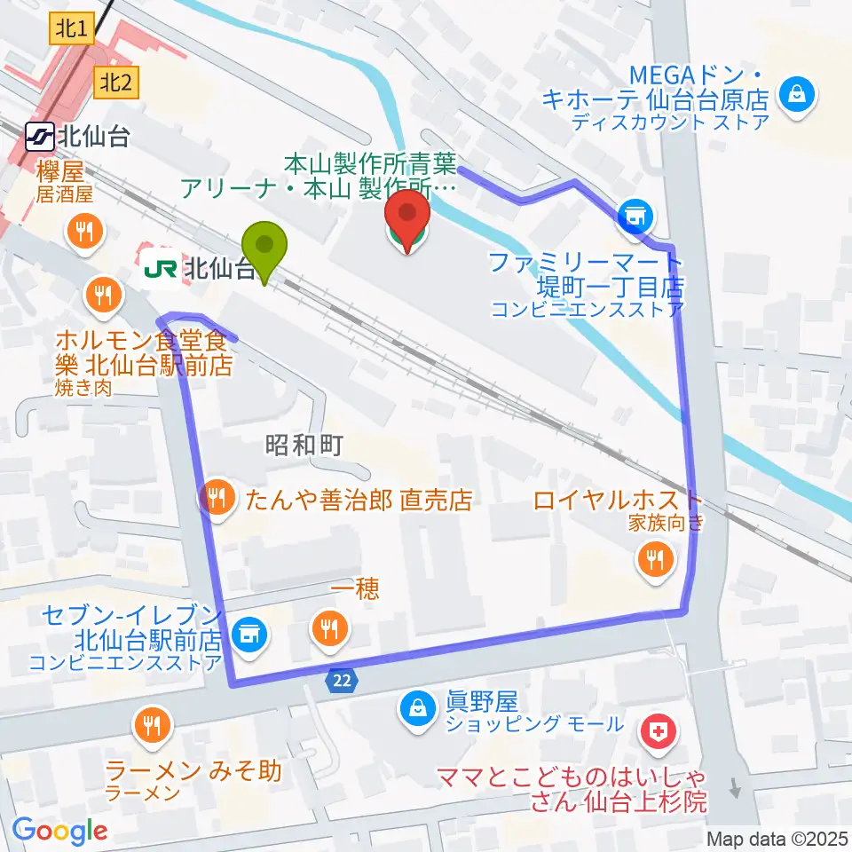 本山製作所青葉アリーナ・仙台市武道館の最寄駅北仙台駅からの徒歩ルート（約1分）地図