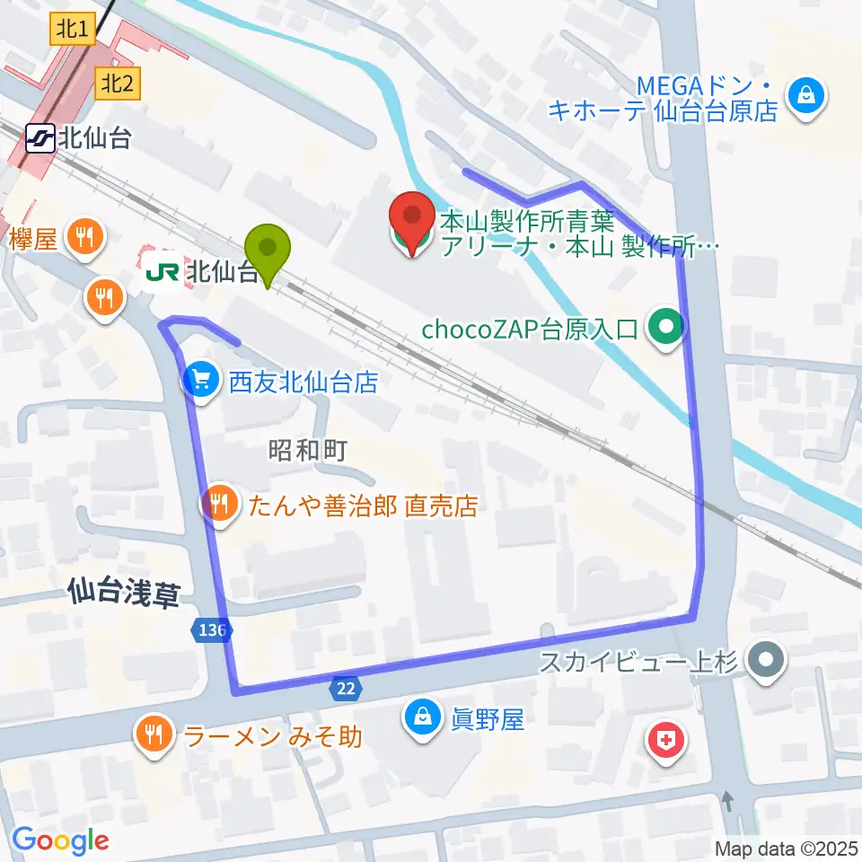 本山製作所青葉アリーナ・仙台市武道館の最寄駅北仙台駅からの徒歩ルート（約1分）地図