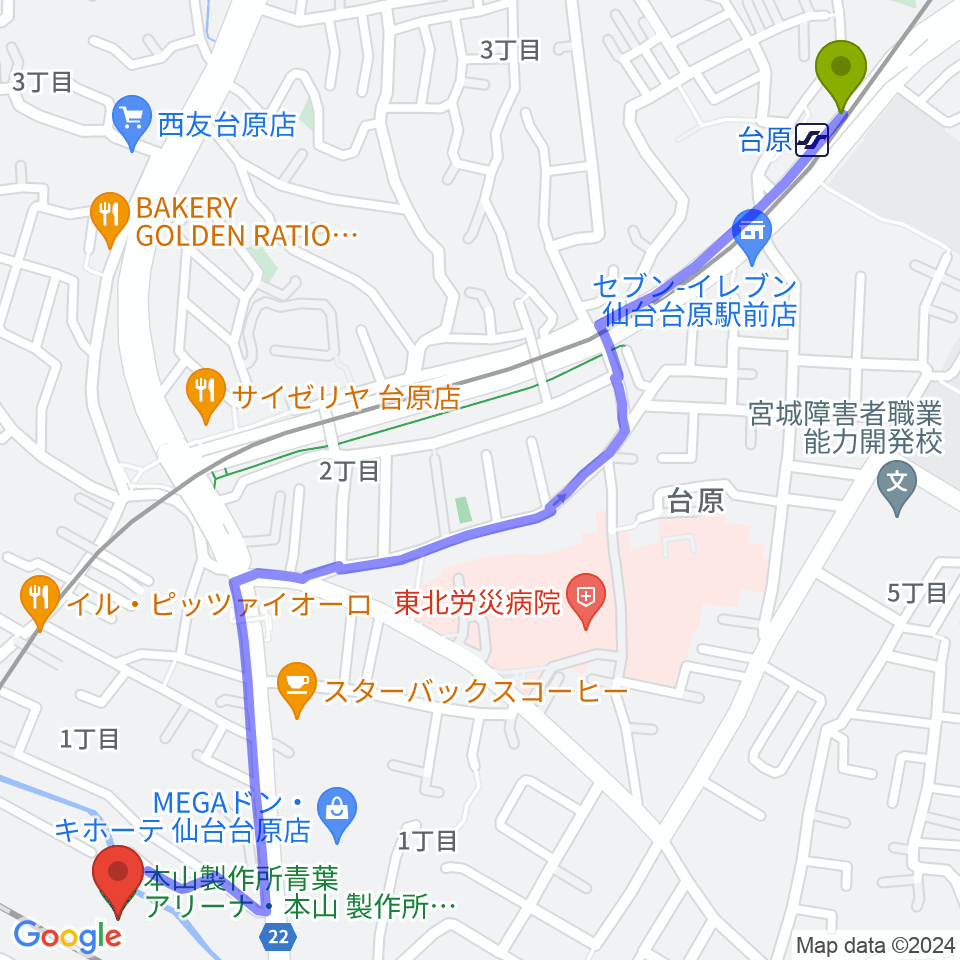 台原駅から本山製作所青葉アリーナ・仙台市武道館へのルートマップ地図