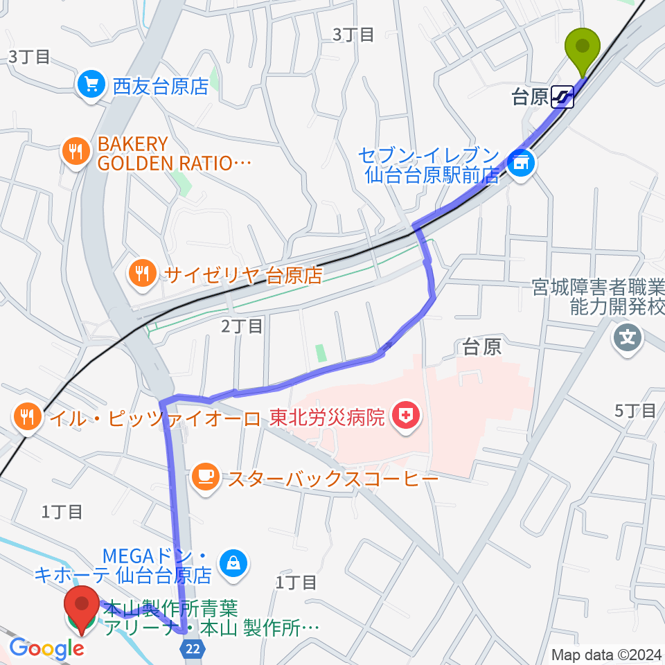 台原駅から本山製作所青葉アリーナ・仙台市武道館へのルートマップ地図