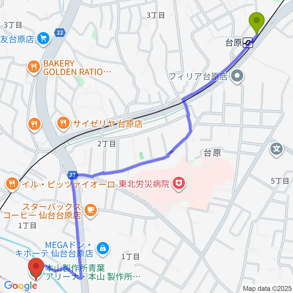 台原駅から本山製作所青葉アリーナ・仙台市武道館へのルートマップ地図