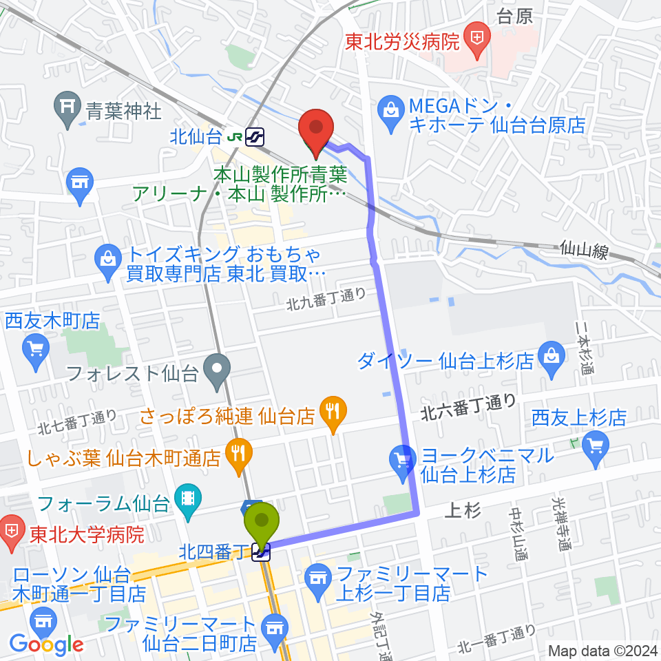 北四番丁駅から本山製作所青葉アリーナ・仙台市武道館へのルートマップ地図