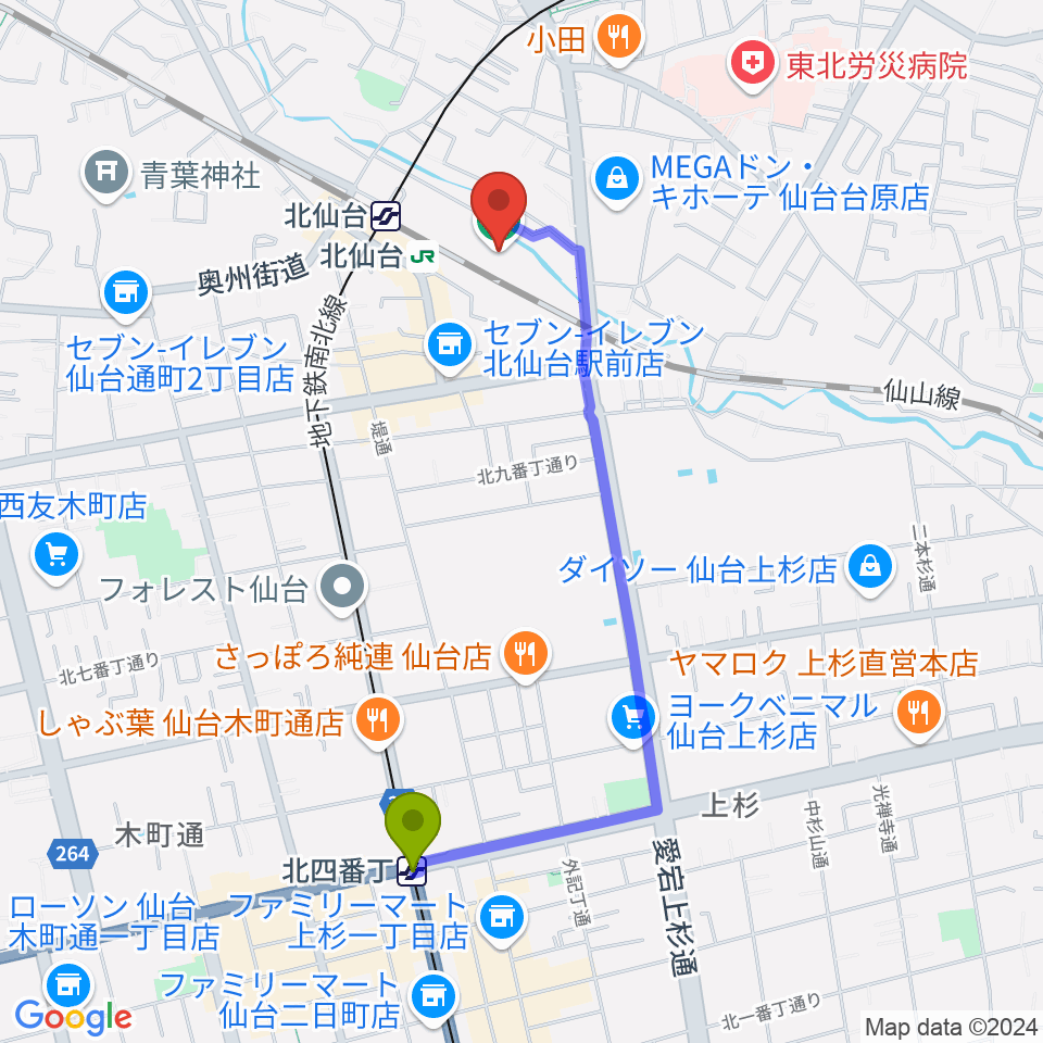 北四番丁駅から本山製作所青葉アリーナ・仙台市武道館へのルートマップ地図