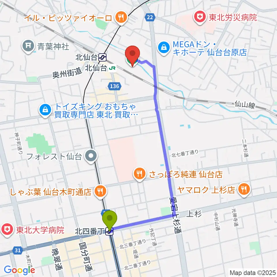 北四番丁駅から本山製作所青葉アリーナ・仙台市武道館へのルートマップ地図