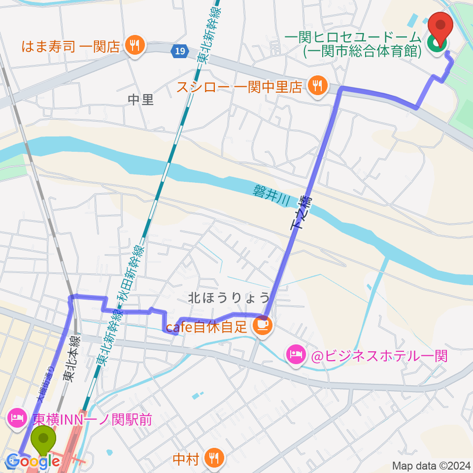 一関ヒロセユードームの最寄駅一ノ関駅からの徒歩ルート（約36分）地図