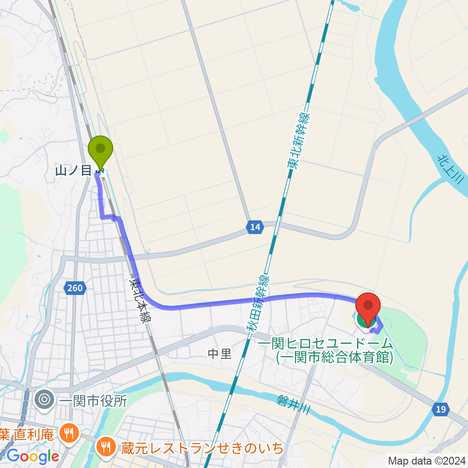 山ノ目駅から一関ヒロセユードームへのルートマップ地図