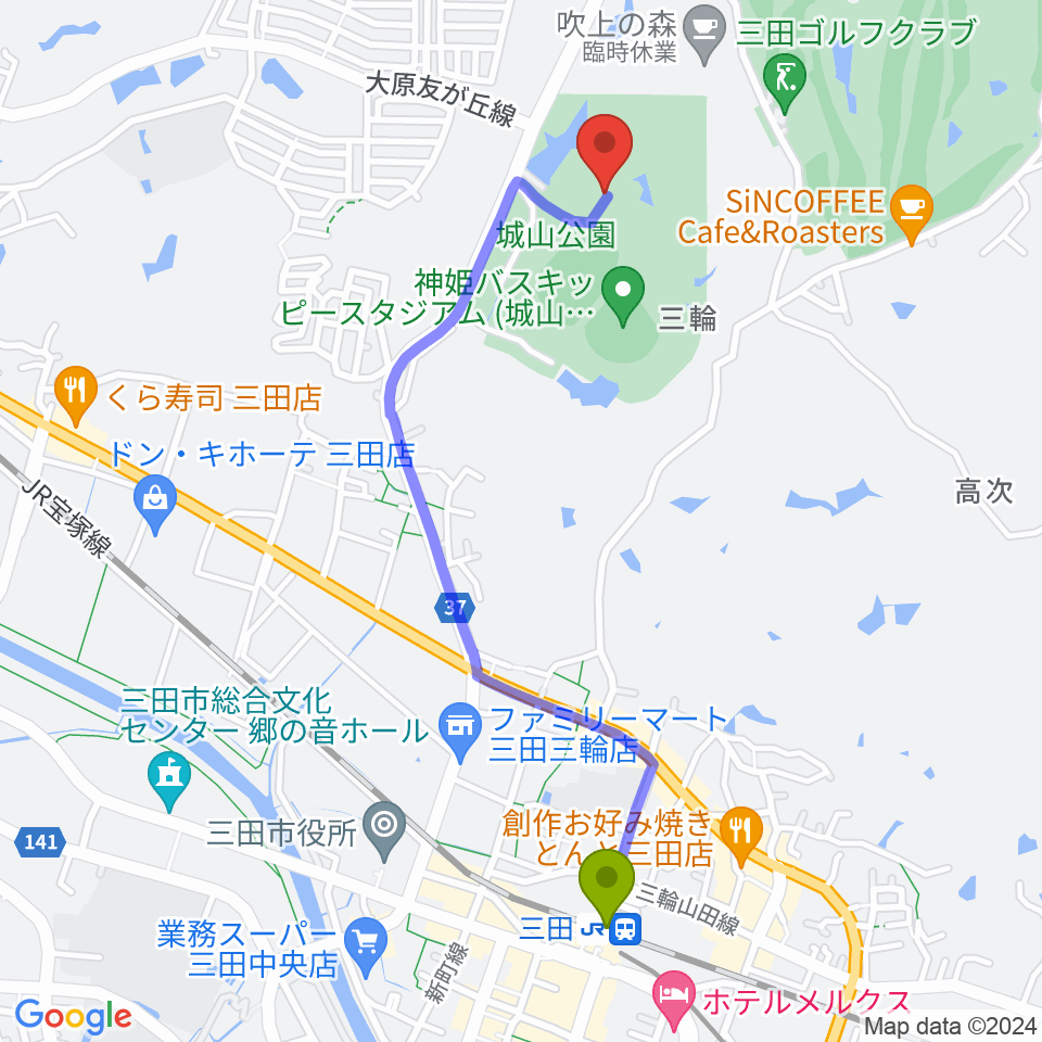 神姫バス城山体育館の最寄駅三田駅からの徒歩ルート（約22分）地図