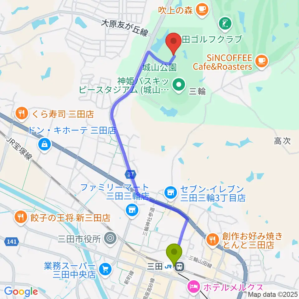 神姫バス城山体育館の最寄駅三田駅からの徒歩ルート（約22分）地図