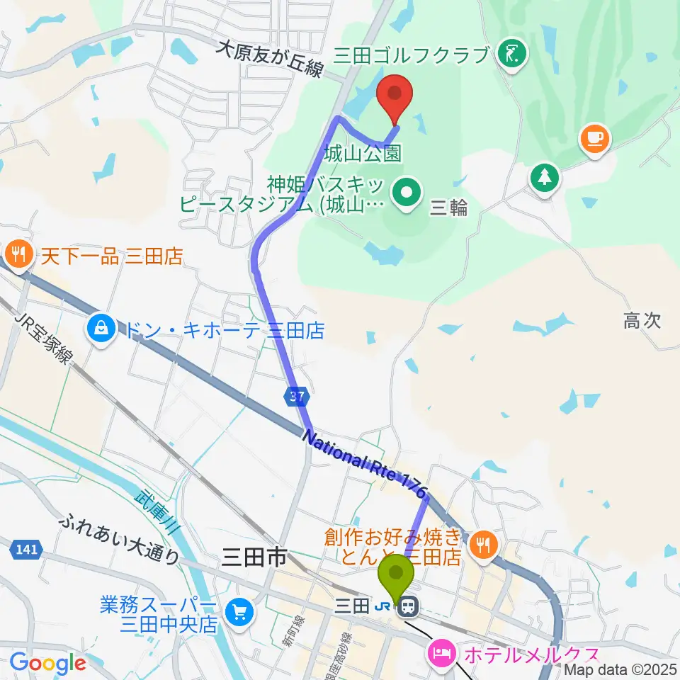 神姫バス城山体育館の最寄駅三田駅からの徒歩ルート（約22分）地図