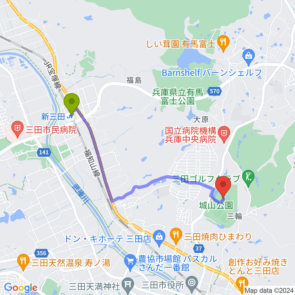 新三田駅から神姫バス城山体育館へのルートマップ地図