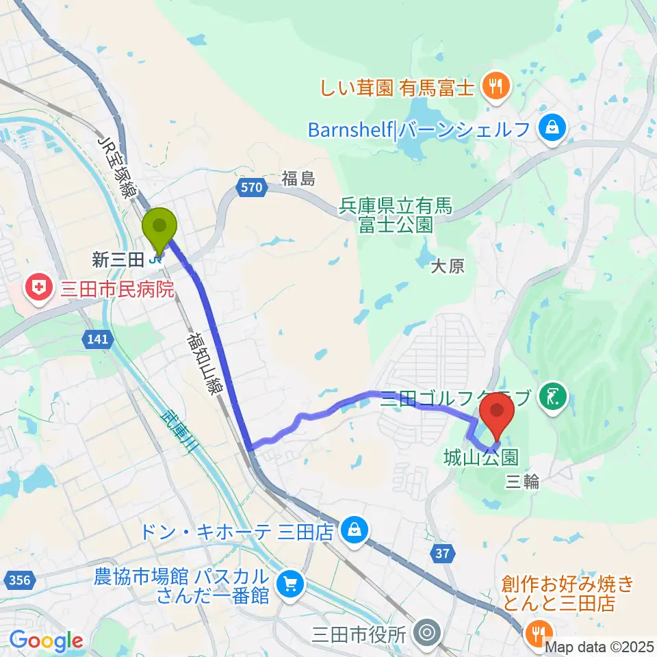 新三田駅から神姫バス城山体育館へのルートマップ地図