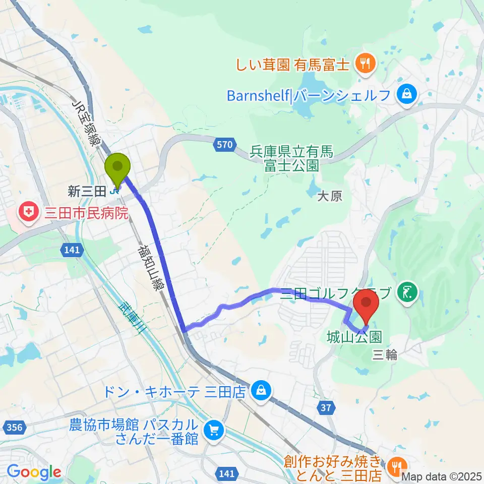 新三田駅から神姫バス城山体育館へのルートマップ地図
