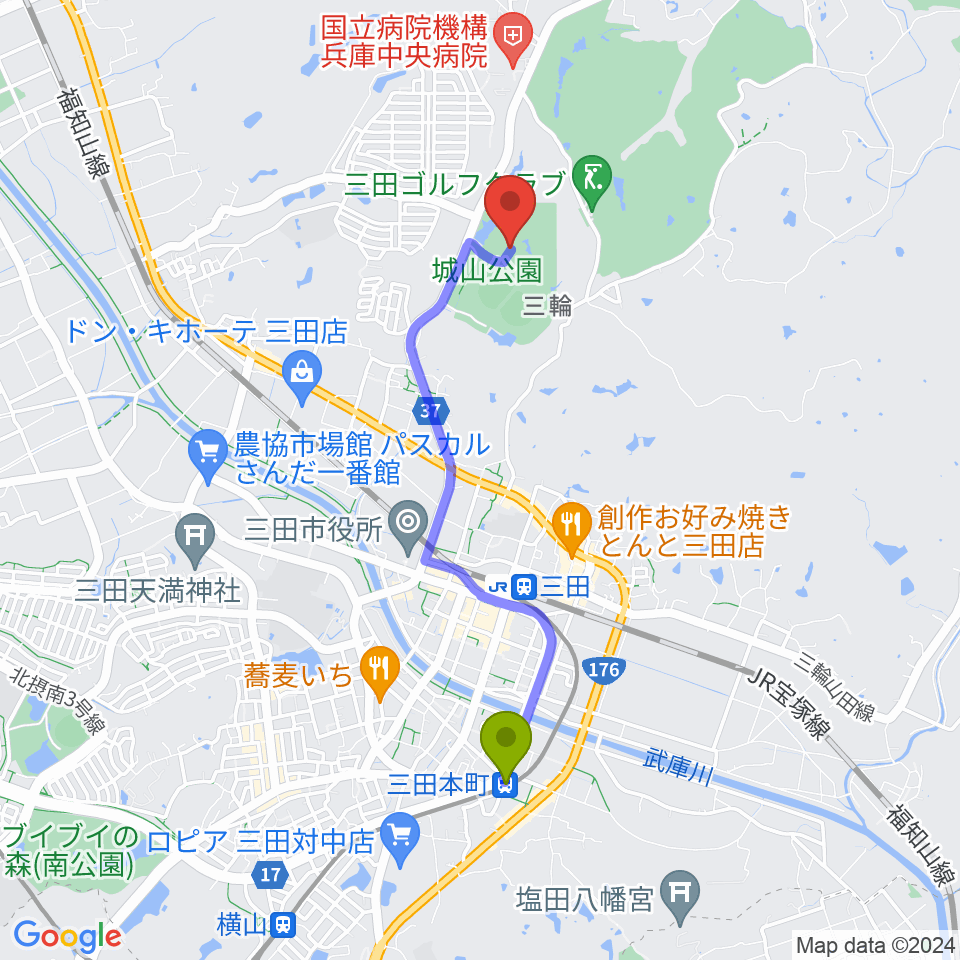 三田本町駅から神姫バス城山体育館へのルートマップ地図