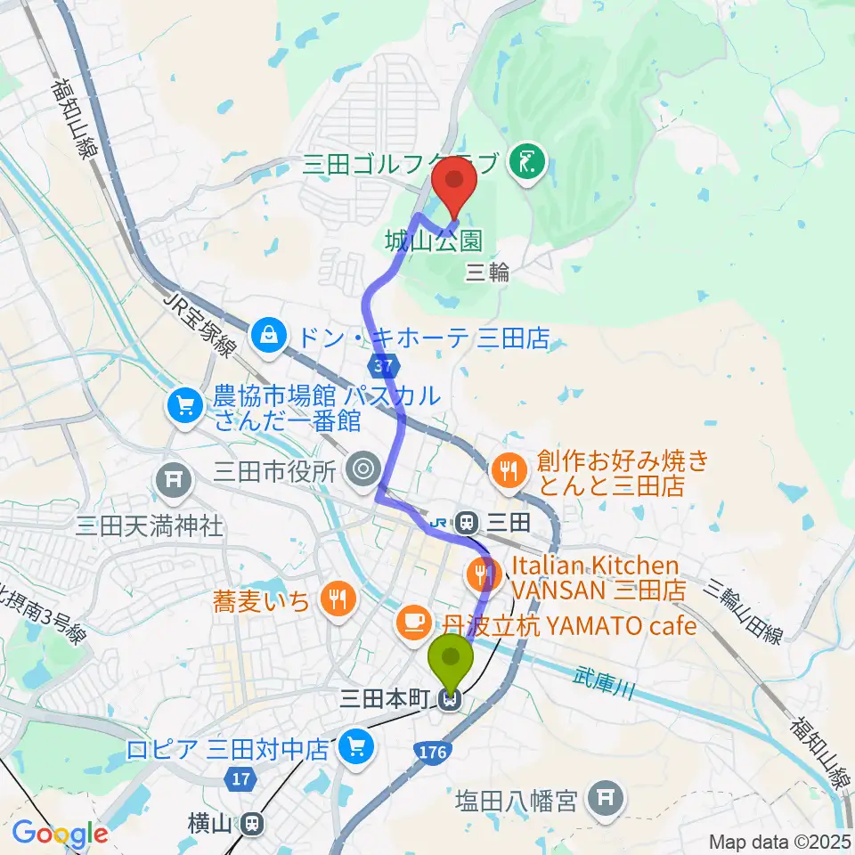 三田本町駅から神姫バス城山体育館へのルートマップ地図