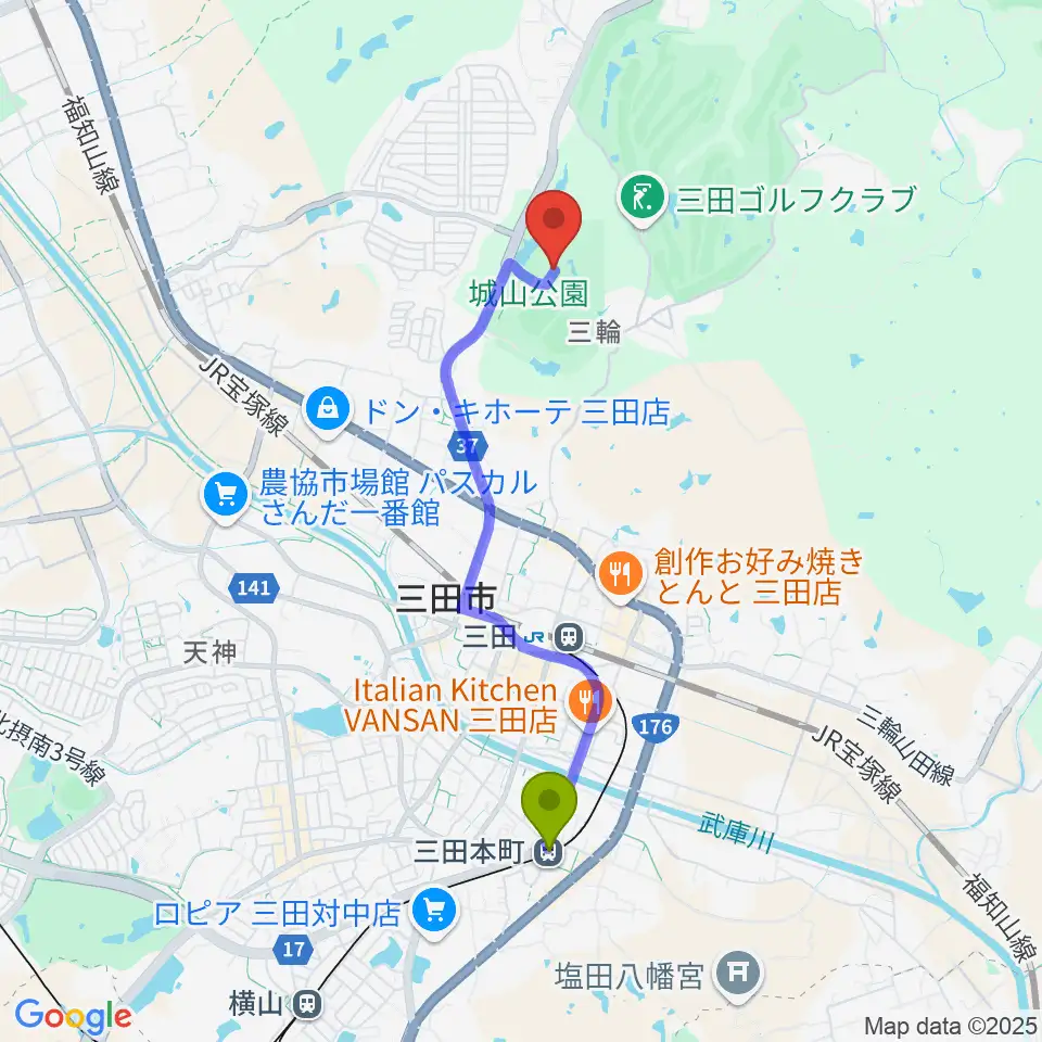 三田本町駅から神姫バス城山体育館へのルートマップ地図