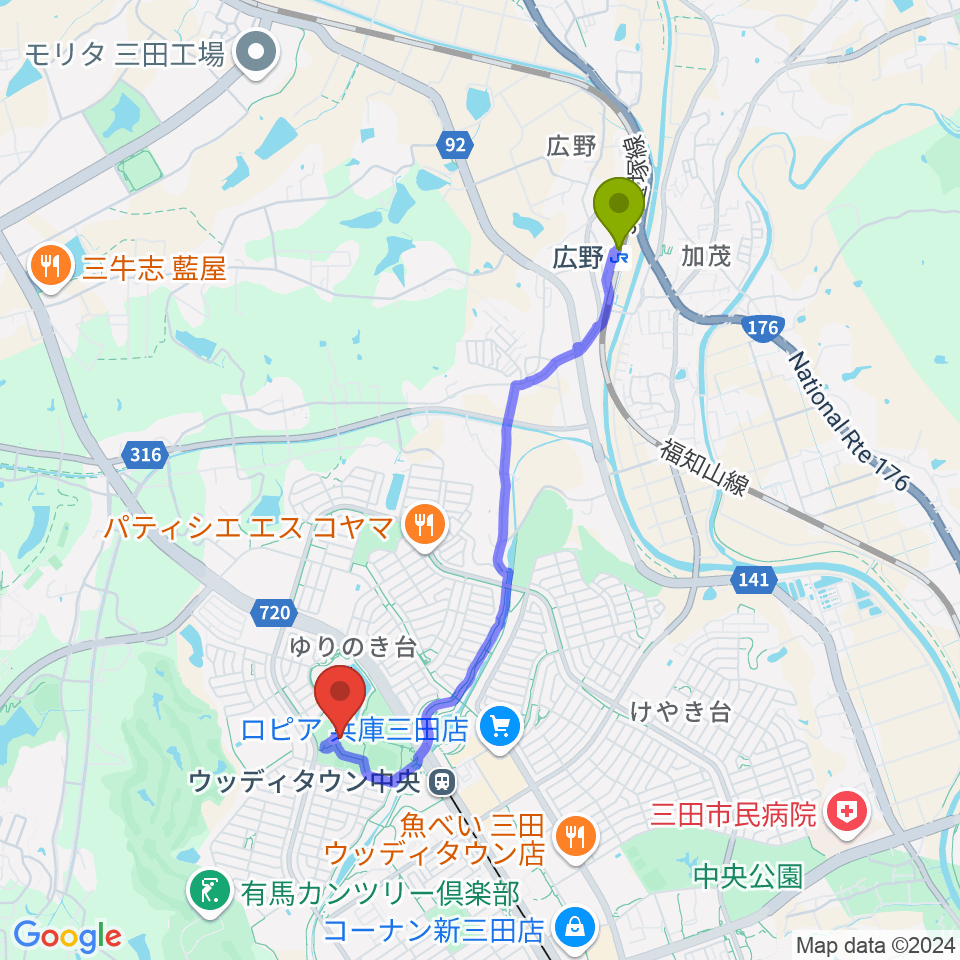 広野駅から親和学園駒ケ谷体育館へのルートマップ地図