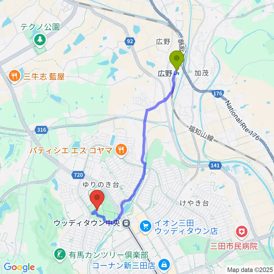 広野駅から駒ケ谷運動公園体育館へのルートマップ地図