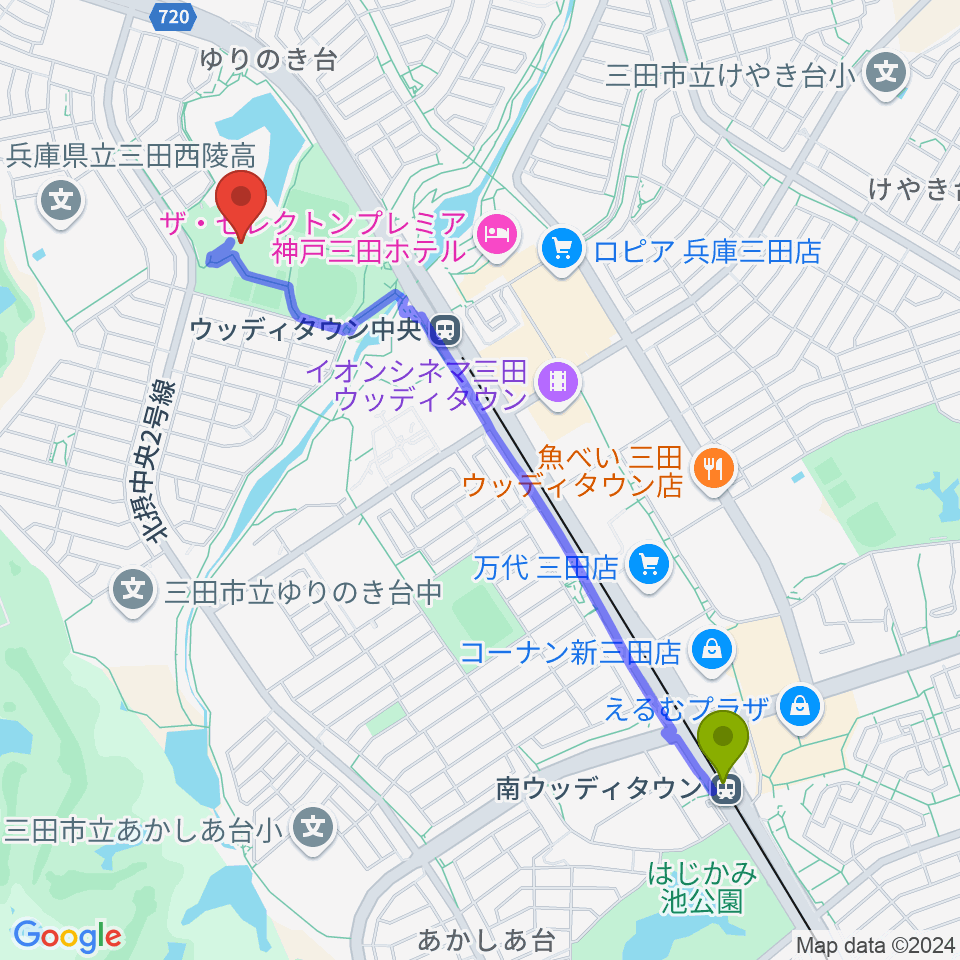 南ウッディタウン駅から親和学園駒ケ谷体育館へのルートマップ地図