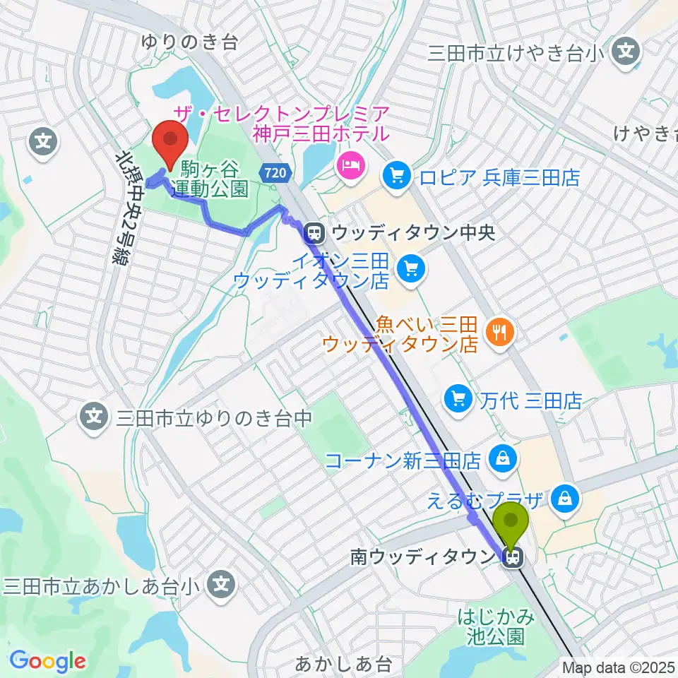 南ウッディタウン駅から駒ケ谷運動公園体育館へのルートマップ地図