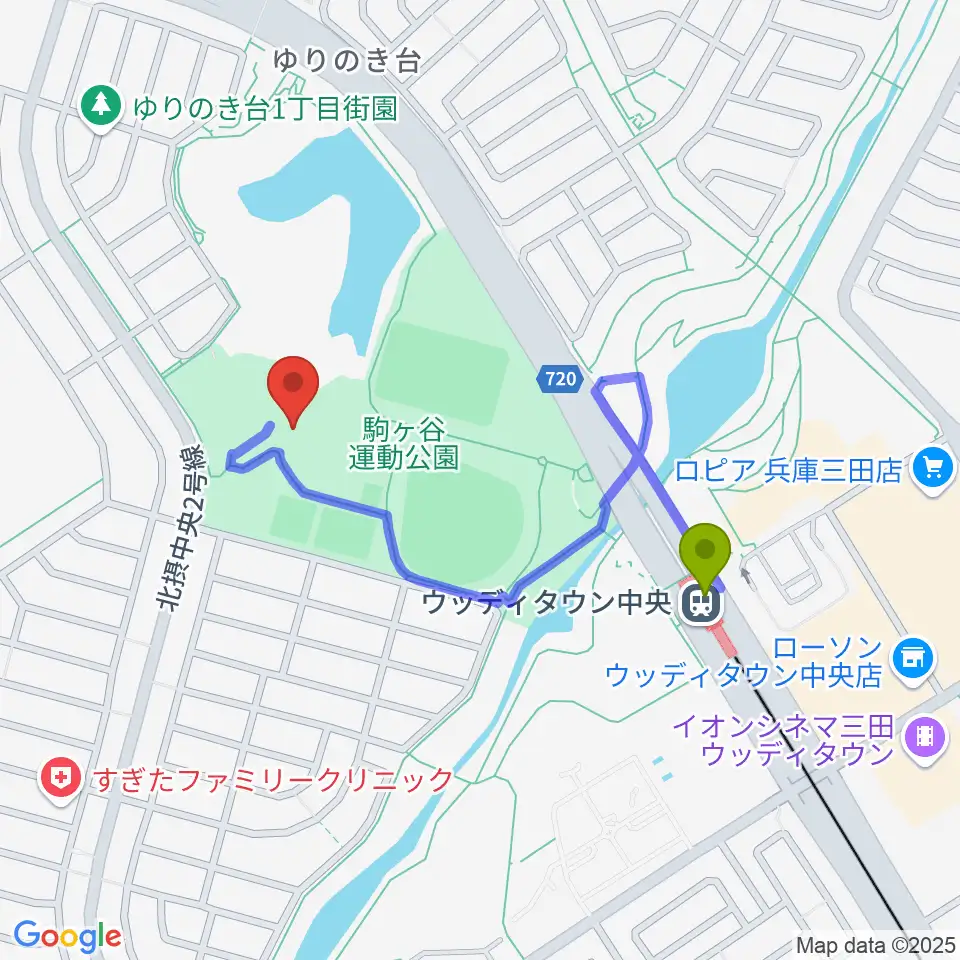 駒ケ谷運動公園体育館の最寄駅ウッディタウン中央駅からの徒歩ルート（約7分）地図