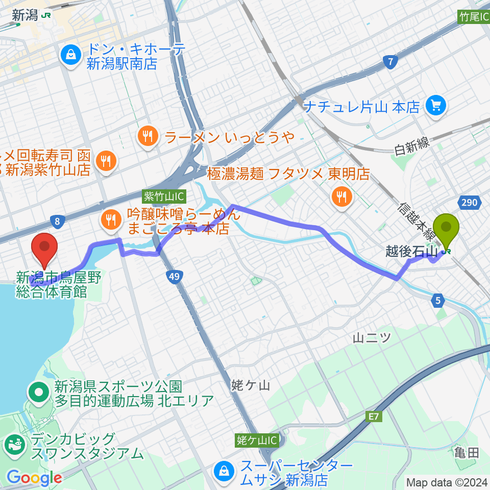 越後石山駅から新潟市鳥屋野総合体育館へのルートマップ地図