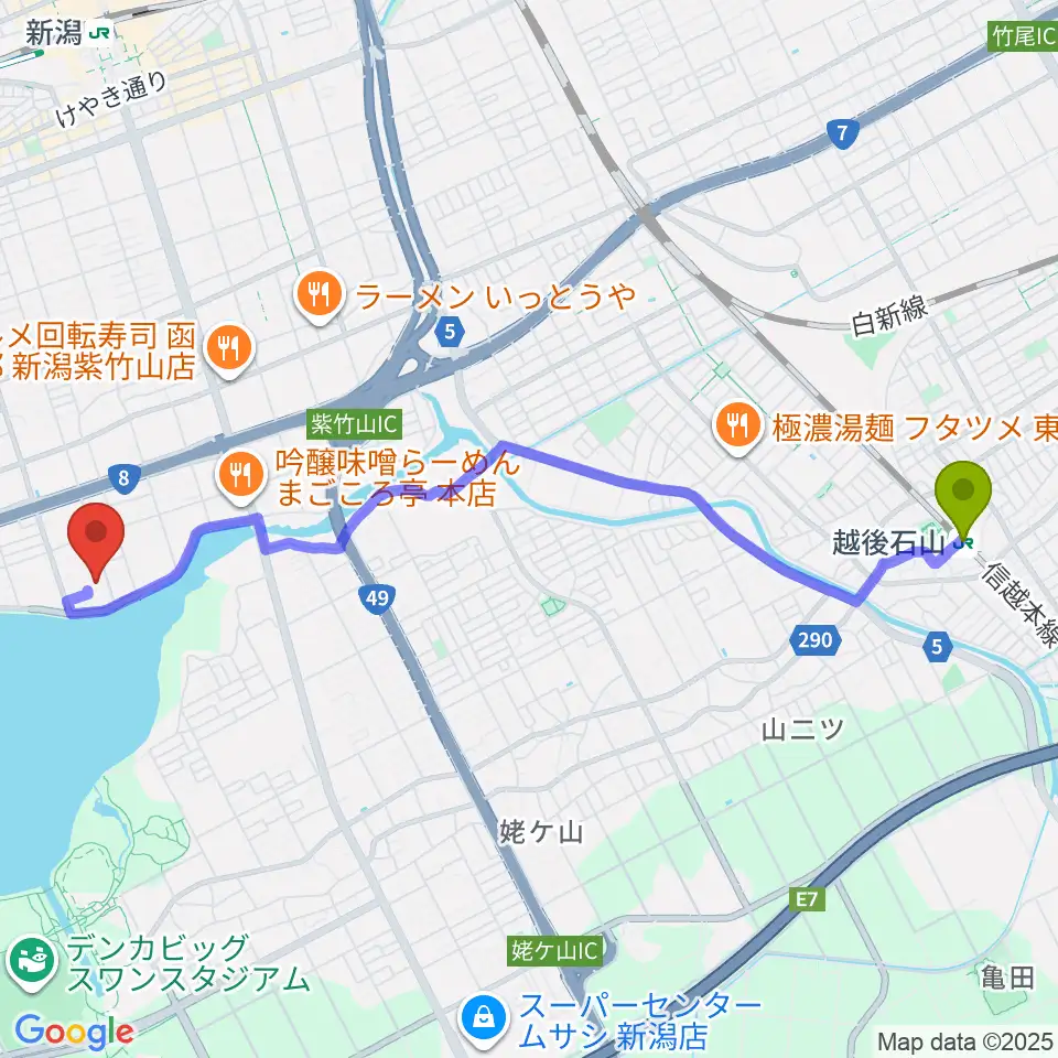 越後石山駅から新潟市鳥屋野総合体育館へのルートマップ地図