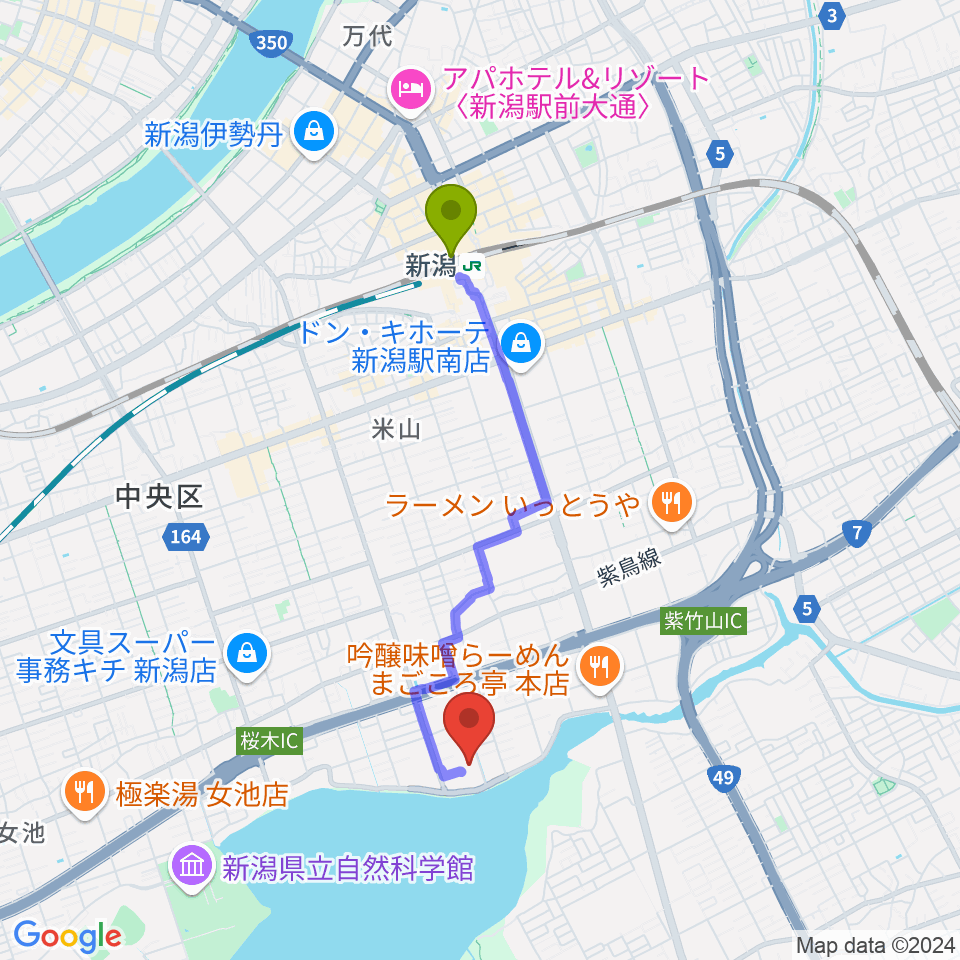 新潟市鳥屋野総合体育館の最寄駅新潟駅からの徒歩ルート（約32分）地図