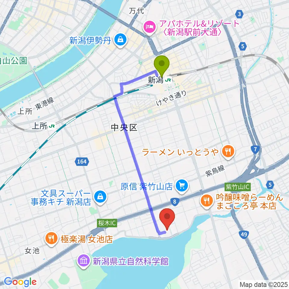 新潟市鳥屋野総合体育館の最寄駅新潟駅からの徒歩ルート（約32分）地図
