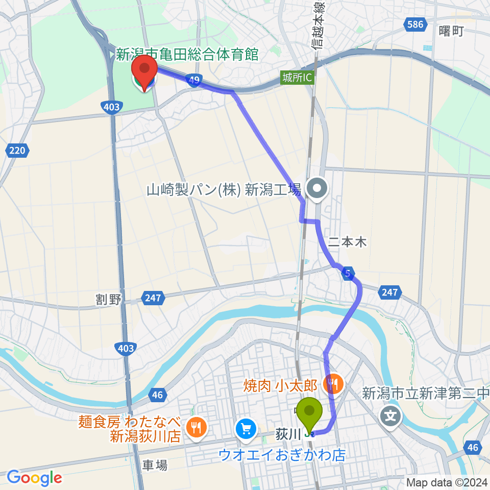 荻川駅から亀田総合体育館へのルートマップ地図