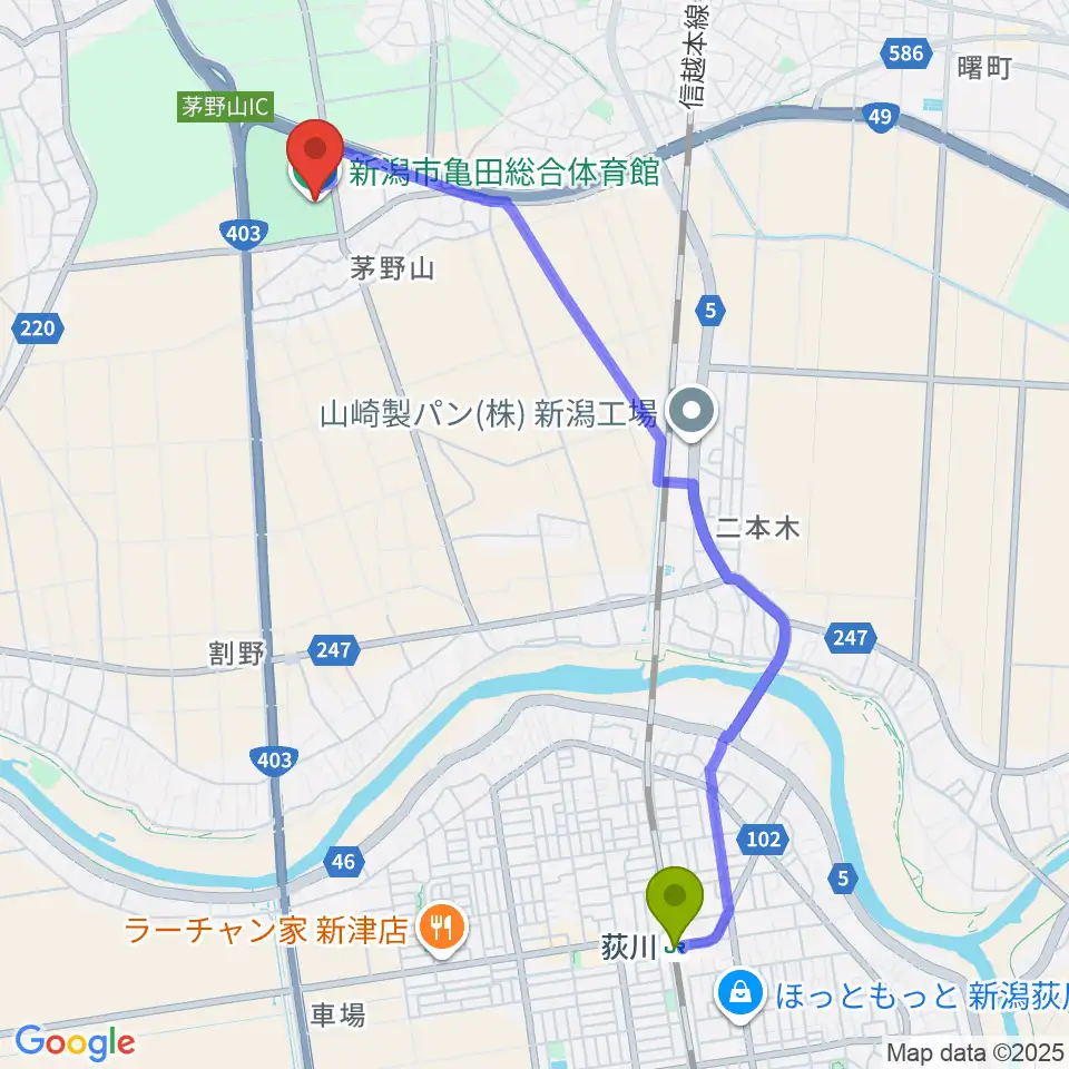 荻川駅から亀田総合体育館へのルートマップ地図